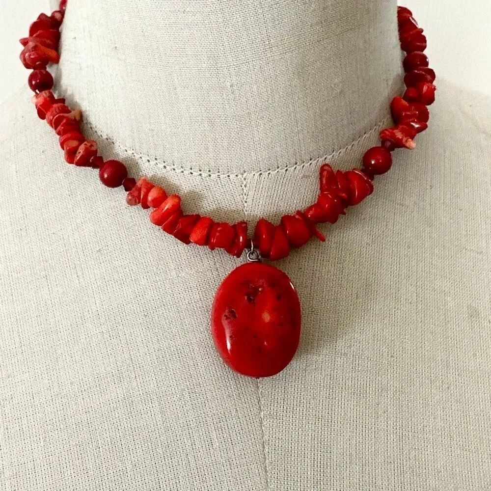 Red Coral Chip Necklace w/ Resin Sponge Coral Pendant — Sterling Silver Clasp